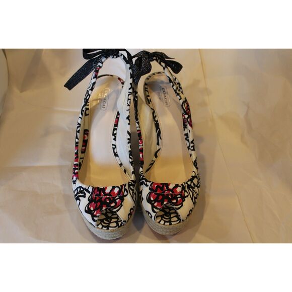 Coach Vintage Floral Espadrille Wedge Black White Red Jute 10 - Picture 2 of 9